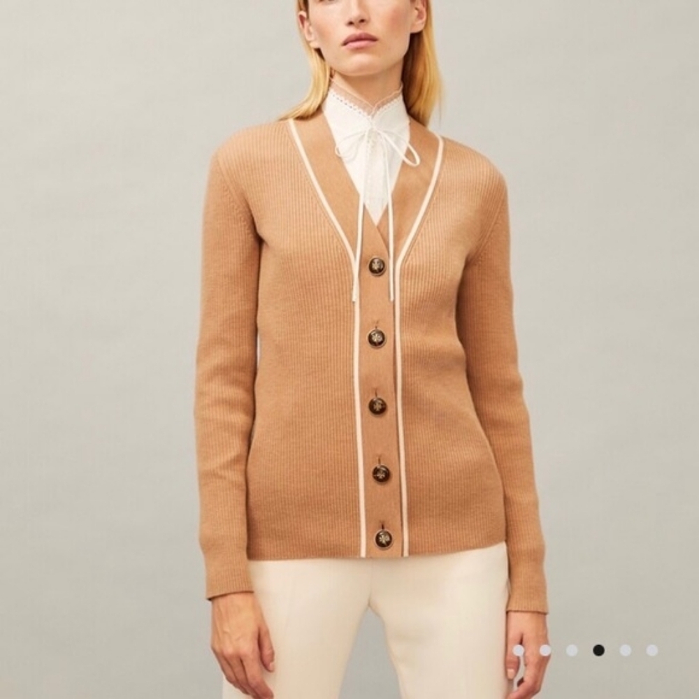 Tory Burch Ribbed Merino Wool Blend Simone Cardigan